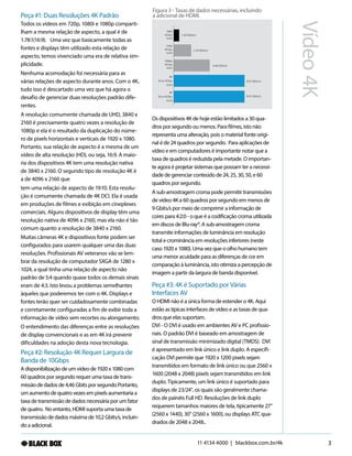 11 4134 4000 | blackbox.com.br/4k 3
Vídeo4K
Peça #1: Duas Resoluções 4K Padrão
Todos os vídeos em 720p, 1080i e 1080p comparti-
lham a mesma relação de aspecto, a qual é de
1.78:1(16:9). Uma vez que basicamente todas as
fontes e displays têm utilizado esta relação de
aspecto, temos vivenciado uma era de relativa sim-
plicidade.
Nenhuma acomodação foi necessária para as
várias relações de aspecto durante anos. Com o 4K,
tudo isso é descartado uma vez que há agora o
desafio de gerenciar duas resoluções padrão dife-
rentes.
A resolução comumente chamada de UHD, 3840 x
2160 é precisamente quatro vezes a resolução de
1080p e ela é o resultado da duplicação do núme-
ro de pixels horizontais e verticais de 1920 x 1080.
Portanto, sua relação de aspecto é a mesma de um
vídeo de alta resolução (HD), ou seja, 16:9. A maio-
ria dos dispositivos 4K tem uma resolução nativa
de 3840 x 2160. O segundo tipo de resolução 4K é
a de 4096 x 2160 que
tem uma relação de aspecto de 19:10. Esta resolu-
ção é comumente chamada de 4K DCI. Ela é usada
em produções de filmes e exibição em cineplexes
comerciais. Alguns dispositivos de display têm uma
resolução nativa de 4096 x 2160, mas ela não é tão
comum quanto a resolução de 3840 x 2160.
Muitas câmeras 4K e dispositivos fonte podem ser
configurados para usarem qualquer uma das duas
resoluções. Profissionais AV veteranos vão se lem-
brar da resolução de computador SXGA de 1280 x
1024, a qual tinha uma relação de aspecto não
padrão de 5:4 quando quase todos os demais sinais
eram de 4:3. Isto levou a problemas semelhantes
àqueles que poderemos ter com o 4K. Displays e
fontes terão quer ser cuidadosamente combinadas
e corretamente configuradas a fim de exibir toda a
informação de vídeo sem recortes ou alongamento.
O entendimento das diferenças entre as resoluções
de display convencionais e as em 4K irá prevenir
dificuldades na adoção desta nova tecnologia.
Peça #2: Resolução 4K Requer Largura de
Banda de 10Gbps
A disponibilização de um vídeo de 1920 x 1080 com
60 quadros por segundo requer uma taxa de trans-
missão de dados de 4,46 Gbits por segundo Portanto,
um aumento de quatro vezes em pixels aumentaria a
taxa de transmissão de dados necessária por um fator
de quatro. No entanto, HDMI suporta uma taxa de
transmissão de dados máxima de 10,2 Gbits/s, incluin-
do a adicional.
Os dispositivos 4K de hoje estão limitados a 30 qua-
dros por segundo ou menos. Para filmes, isto não
representa uma alteração, pois o material fonte origi-
nal é de 24 quadros por segundo. Para aplicações de
vídeo e em computadores é importante notar que a
taxa de quadros é reduzida pela metade. O importan-
te agora é projetar sistemas que possam ter a necessi-
dade de gerenciar conteúdo de 24, 25, 30, 50, e 60
quadros por segundo.
A sub-amostragem croma pode permitir transmissões
de vídeo 4K a 60 quadros por segundo em menos de
9 Gbits/s por meio de comprimir a informação de
cores para 4:2:0 - o que é a codificação croma utilizada
em discos de Blu-ray®. A sub-amostragem croma
transmite informações de luminância em resolução
total e crominância em resoluções inferiores (neste
caso 1920 x 1080). Uma vez que o olho humano tem
uma menor acuidade para as diferenças de cor em
comparação à luminância, isto otimiza a percepção de
imagem a partir da largura de banda disponível.
Peça #3: 4K é Suportado por Várias
Interfaces AV
O HDMI não é a única forma de estender o 4K. Aqui
estão as típicas interfaces de vídeo e as taxas de qua-
dros que elas suportam.
DVI - O DVI é usado em ambientes AV e PC profissio-
nais. O padrão DVI é baseado em amostragem de
sinal de transmissão minimizado digital (TMDS). DVI
é apresentado em link único e link duplo. A especifi-
cação DVI permite que 1920 x 1200 pixels sejam
transmitidos em formato de link único ou que 2560 x
1600 (2048 x 2048) pixels sejam transmitidos em link
duplo. Tipicamente, um link único é suportado para
displays de 23/24", os quais são geralmente chama-
dos de painéis Full HD. Resoluções de link duplo
requerem tamanhos maiores de tela, tipicamente 27"
(2560 x 1440), 30" (2560 x 1600), ou displays ATC qua-
drados de 2048 x 2048..
Figura 3 - Taxas de dados necessárias, incluindo
a adicional de HDMI.
1.62 Gbits/s
2.23 Gbits/s
4.46 Gbits/s
8.91 Gbits/s
8.91 Gbits/s
480i
60 fps
4:4:4
720p
60 fps
4:4:4
1080p
60 fps
4:4:4
4K
24 or 30 fps
4:4:4
4K
50 or 60 fps
4:2:0
 