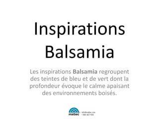 Inspirations
Balsamia
Les inspirations Balsamia regroupent
des teintes de bleu et de vert dont la
profondeur évoque le calme apaisant
des environnements boisés.
 