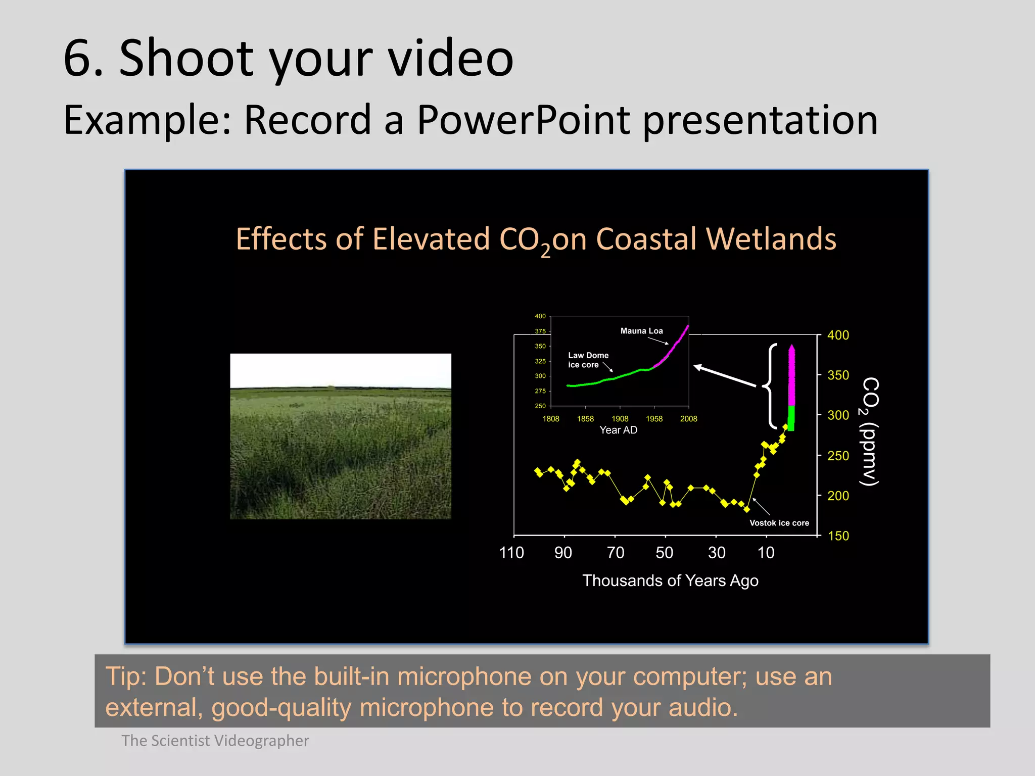 6. Shoot your video
Example: Record a PowerPoint presentation
Effects of Elevated CO2on Coastal Wetlands
400

Mauna Loa

375

400

350

Law Dome
ice core

325

275
250

1808

1858

1908

1958

300

2008

Year AD

250
200
Vostok ice core

150

110

90

70

50

30

10

Thousands of Years Ago

Tip: Don’t use the built-in microphone on your computer; use an
external, good-quality microphone to record your audio.
The Scientist Videographer

CO2 (ppmv)

350

300

 