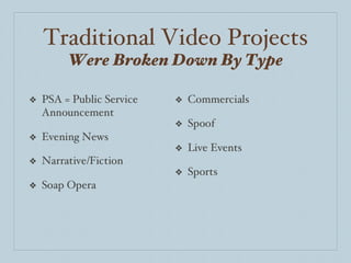 Were Broken Down By Type Traditional Video Projects 
