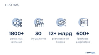 ПРО НАС
1800+
рекламных
кампаний
30
специалистов
12+ млрд
реализованных
показов
600+
креативов
разработано
 