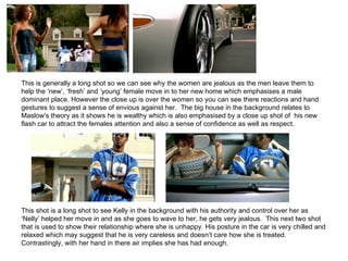 This is generally a long shot so we can see why the women are jealous as the men leave them to help the ‘new’, ‘fresh’ and ‘young’ female move in to her new home which emphasises a male dominant place. However the close up is over the women so you can see there reactions and hand gestures to suggest a sense of envious against her.  The big house in the background relates to Maslow's theory as it shows he is wealthy which is also emphasised by a close up shot of  his new flash car to attract the females attention and also a sense of confidence as well as respect.  This shot is a long shot to see Kelly in the background with his authority and control over her as ‘Nelly’ helped her move in and as she goes to wave to her, he gets very jealous.  This next two shot that is used to show their relationship where she is unhappy. His posture in the car is very chilled and relaxed which may suggest that he is very careless and doesn’t care how she is treated. Contrastingly, with her hand in there air implies she has had enough.  