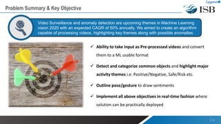 Problem Summary & Key Objective
3
 Ability to take input as Pre-processed videos and convert
them to a ML usable format
 Detect and categorize common objects and highlight major
activity themes i.e. Positive/Negative, Safe/Risk etc.
 Outline pose/gesture to draw sentiments
 Implement all above objectives in real-time fashion where
solution can be practically deployed
Video Surveillance and anomaly detection are upcoming themes in Machine Learning
vision 2020 with an expected CAGR of 50% annually. We aimed to create an algorithm
capable of processing videos, highlighting key themes along with possible anomalies
 