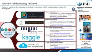 ``
 Microsoft COCO dataset
 Training data for YOLO_v3 object detection algorithm
 Robust dataset with 330K images and 1.5 million
objects across 80 common categories
 Source: http://cocodataset.org
Global Video &
Image Datasets
`
`
`
Approach and Methodology – Datasets
6
Approach and Methodology
• Datasets
• Approach
• Project Process Flow
 CMU Panoptic Dataset
 Training data for OpenPose: Pose detection algorithm
 Currently, 65 sequences (5.5 hours) and 1.5 millions
of 3D skeletons are available
 Source: https://cmu-perceptual-computing.org
 MPII human multi-person dataset
 Second training data to MPII human pose model
 Contains 25K images across 40K human bodies and
410 human activities
 Source: http://human-pose.mpi-inf.mpg.de/
`
 Kaggle Challenges in Representation Learning dataset
 Over 32K images of human faces with 7 different
labels for emotions.
 Source: https://www.kaggle.com/facial-expression-
recognition-challenge
Across the project, we plan to leverage some robust, pre-processed, publicly available datasets to attain the
final objective:
`
• Azure Cognitive Services Face API
• Used to detect, recognize, and analyze human faces
in video streams.
• Source : https://docs.microsoft.com/en-
in/azure/cognitive-services/face
Microsoft Azure
Face Recognition API
Hand Labelled
Dataset
(based on images
extracted
from movie scenes)
 