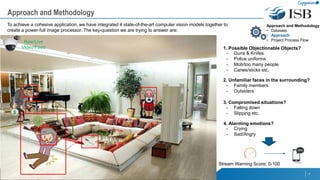 Approach and Methodology
7
Approach and Methodology
• Datasets
• Approach
• Project Process Flow
To achieve a cohesive application, we have integrated 4 state-of-the-art computer vision models together to
create a power-full image processor. The key-question we are trying to answer are:
1. Possible Objectionable Objects?
Raw/Live
Video Feed
2. Unfamiliar faces in the surrounding?
3. Compromised situations?
4. Alarming emotions?
- Guns & Knifes
- Police uniforms
- Mob/too many people
- Canes/sticks etc.
- Family members
- Outsiders
- Falling down
- Slipping etc.
- Crying
- Sad/Angry
Stream Warning Score: 0-100
 