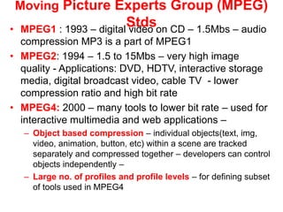 Moving Picture Experts Group (MPEG)
Stds
• MPEG1 : 1993 – digital video on CD – 1.5Mbs – audio
compression MP3 is a part of MPEG1
• MPEG2: 1994 – 1.5 to 15Mbs – very high image
quality - Applications: DVD, HDTV, interactive storage
media, digital broadcast video, cable TV - lower
compression ratio and high bit rate
• MPEG4: 2000 – many tools to lower bit rate – used for
interactive multimedia and web applications –
– Object based compression – individual objects(text, img,
video, animation, button, etc) within a scene are tracked
separately and compressed together – developers can control
objects independently –
– Large no. of profiles and profile levels – for defining subset
of tools used in MPEG4
 
