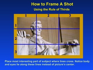 How to Frame A Shot   Using the Rule of Thirds Place most interesting part of subject where lines cross. Notice body and eyes lie along these lines instead of picture’s center. 1 2 3 1  2  3 