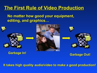 The First Rule of Video Production No matter how good your equipment, editing, and graphics…  Garbage In!  Garbage Out!  It takes high quality audio/video to make a good production! 