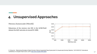 4. Unsupervised Approaches
17
Memory Autoencoder (MemAE)
Robustness of the memory size (M): in the UCSD-Ped2
dataset the AUC saturates at around M=1000.
D. Gong et al., “Memorizing Normality to Detect Anomaly: Memory-Augmented Deep Autoencoder for Unsupervised Anomaly Detection,” 2019 IEEE/CVF International
Conference on Computer Vision (ICCV). 2019, https://arxiv.org/abs/1904.02639
 