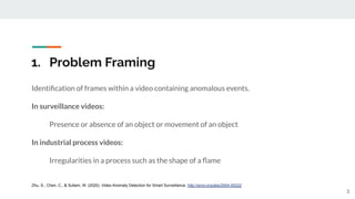 1. Problem Framing
Identiﬁcation of frames within a video containing anomalous events.
In surveillance videos:
Presence or absence of an object or movement of an object
In industrial process videos:
Irregularities in a process such as the shape of a ﬂame
3
Zhu, S., Chen, C., & Sultani, W. (2020). Video Anomaly Detection for Smart Surveillance. http://arxiv.org/abs/2004.00222
 