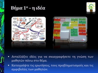 Βήμα 1ο – η ιδέα
 Ανταλλϊξτε ιδϋεσ για να ςκιαγραφόςετε τη γνώςη των
μαθητών πϊνω ςτο θϋμα.
 Καταγρϊψτε τισ ερωτόςεισ, τουσ προβληματιςμούσ και τισ
αμφιβολύεσ των μαθητών.
 