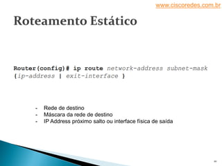 www.ciscoredes.com.br
10
- Rede de destino
- Máscara da rede de destino
- IP Address próximo salto ou interface física de saída
 