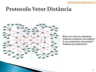 www.ciscoredes.com.br
16
- Rede com diversos roteadores
- Podemos configurar rota estática?
- O que poderiamos recomendar?
- Protocolo de roteamento?
 