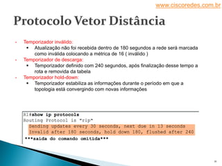 www.ciscoredes.com.br
21
- Temporizador inválido:
 Atualização não foi recebida dentro de 180 segundos a rede será marcada
como inválida colocando a métrica de 16 ( inválido )
- Temporizador de descarga:
 Temporizador definido com 240 segundos, após finalização desse tempo a
rota e removida da tabela
- Temporizador hold-down:
 Temporizador estabiliza as informações durante o período em que a
topologia está convergindo com novas informações
 