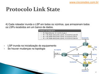 www.ciscoredes.com.br
30
4) Cada roteador inunda o LSP em todos os vizinhos, que armazenam todos
os LSPs recebidos em um banco de dados.
- LSP inunda na inicialização do equipamento
- Se houver mudanças na topologia
 