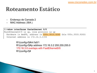 www.ciscoredes.com.br
5
R1(config-if)#int fa0/1
R1(config-if)#ip address 172.16.3.2 255.255.255.0
172.16.3.0 overlaps with FastEthernet0/0
R1(config-if)#
- Endereço de Camada 2
- MAC Address ( BIA )
 