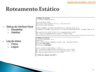 www.ciscoredes.com.br
6
- Debug da interface física
- Desabilitar
- Habilitar
- Log de status
- Física
- Lógica
 