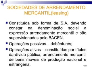 122
SOCIEDADES DE ARRENDAMENTO
MERCANTIL(leasing)
 Constituída sob forma de S.A, devendo
constar na denominação social a
expressão arrendamento mercantil e são
supervisionadas pelo BACEN.
 Operações passivas – debêntures;
 Operações ativas – constituídas por títulos
da dívida pública, arrendamento mercantil
de bens móveis de produção nacional e
estrangeira.
 