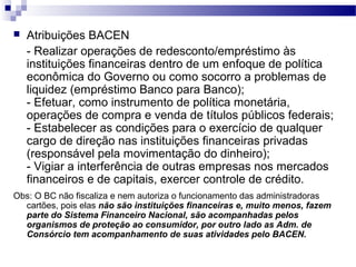  Atribuições BACEN
- Realizar operações de redesconto/empréstimo às
instituições financeiras dentro de um enfoque de política
econômica do Governo ou como socorro a problemas de
liquidez (empréstimo Banco para Banco);
- Efetuar, como instrumento de política monetária,
operações de compra e venda de títulos públicos federais;
- Estabelecer as condições para o exercício de qualquer
cargo de direção nas instituições financeiras privadas
(responsável pela movimentação do dinheiro);
- Vigiar a interferência de outras empresas nos mercados
financeiros e de capitais, exercer controle de crédito.
Obs: O BC não fiscaliza e nem autoriza o funcionamento das administradoras
cartões, pois elas não são instituições financeiras e, muito menos, fazem
parte do Sistema Financeiro Nacional, são acompanhadas pelos
organismos de proteção ao consumidor, por outro lado as Adm. de
Consórcio tem acompanhamento de suas atividades pelo BACEN.
 