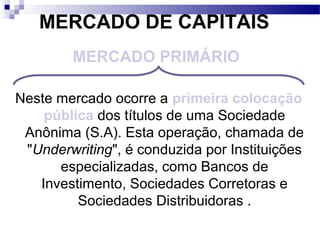 MERCADO DE CAPITAIS
Neste mercado ocorre a primeira colocação
pública dos títulos de uma Sociedade
Anônima (S.A). Esta operação, chamada de
"Underwriting", é conduzida por Instituições
especializadas, como Bancos de
Investimento, Sociedades Corretoras e
Sociedades Distribuidoras .
MERCADO PRIMÁRIO
 