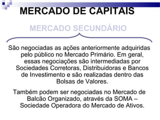 MERCADO DE CAPITAIS
São negociadas as ações anteriormente adquiridas
pelo público no Mercado Primário. Em geral,
essas negociações são intermediadas por
Sociedades Corretoras, Distribuidoras e Bancos
de Investimento e são realizadas dentro das
Bolsas de Valores.
Também podem ser negociadas no Mercado de
Balcão Organizado, através da SOMA –
Sociedade Operadora do Mercado de Ativos.
MERCADO SECUNDÁRIO
 