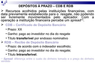 DEPÓSITOS À PRAZO – CDB E RDB
 Recursos acolhidos pelas instituições financeiras, com
data previamente estabelecida para o resgate, não podendo
ser livremente movimentados pelo aplicador. Com a
operação a instituição financeira percebe um spread(1)
.
 CDB – Certificado de Depósito Bancário
• Prazo: XX
• Ganho: pago ao investidor no dia do resgate
• Título transferível por endosso nominativo
 RDB – Recibo de Depósito Bancário
• Prazo: de acordo com o indexador escolhido;
• Ganho: pago ao investidor no dia do resgate;
• Título Intransferível.
(1)
Spread: diferença entre o custo do dinheiro tomado e o preço do dinheiro
vendido
 
