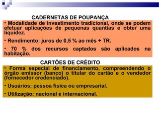 CADERNETAS DE POUPANÇA
• Modalidade de investimento tradicional, onde se podem
efetuar aplicações de pequenas quantias e obter uma
liquidez.
• Rendimento: juros de 0,5 % ao mês + TR.
• 70 % dos recursos captados são aplicados na
habitação.
CARTÕES DE CRÉDITO
• Forma especial de financiamento, compreendendo o
órgão emissor (banco) o titular do cartão e o vendedor
(fornecedor credenciado).
• Usuários: pessoa física ou empresarial.
• Utilização: nacional e internacional.
 