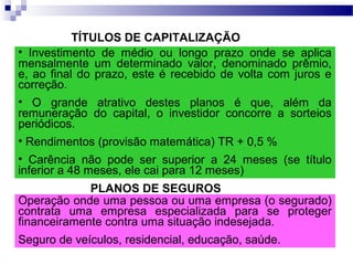 TÍTULOS DE CAPITALIZAÇÃO
• Investimento de médio ou longo prazo onde se aplica
mensalmente um determinado valor, denominado prêmio,
e, ao final do prazo, este é recebido de volta com juros e
correção.
• O grande atrativo destes planos é que, além da
remuneração do capital, o investidor concorre a sorteios
periódicos.
• Rendimentos (provisão matemática) TR + 0,5 %
• Carência não pode ser superior a 24 meses (se título
inferior a 48 meses, ele cai para 12 meses)
PLANOS DE SEGUROS
Operação onde uma pessoa ou uma empresa (o segurado)
contrata uma empresa especializada para se proteger
financeiramente contra uma situação indesejada.
Seguro de veículos, residencial, educação, saúde.
 