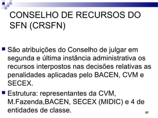 37
CONSELHO DE RECURSOS DO
SFN (CRSFN)
 São atribuições do Conselho de julgar em
segunda e última instância administrativa os
recursos interpostos nas decisões relativas as
penalidades aplicadas pelo BACEN, CVM e
SECEX.
 Estrutura: representantes da CVM,
M.Fazenda,BACEN, SECEX (MIDIC) e 4 de
entidades de classe.
 