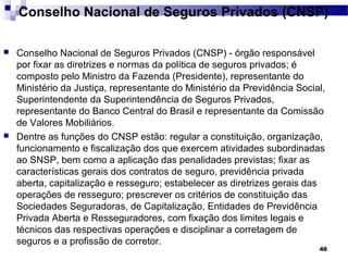 46
Conselho Nacional de Seguros Privados (CNSP)
 Conselho Nacional de Seguros Privados (CNSP) - órgão responsável
por fixar as diretrizes e normas da política de seguros privados; é
composto pelo Ministro da Fazenda (Presidente), representante do
Ministério da Justiça, representante do Ministério da Previdência Social,
Superintendente da Superintendência de Seguros Privados,
representante do Banco Central do Brasil e representante da Comissão
de Valores Mobiliários.
 Dentre as funções do CNSP estão: regular a constituição, organização,
funcionamento e fiscalização dos que exercem atividades subordinadas
ao SNSP, bem como a aplicação das penalidades previstas; fixar as
características gerais dos contratos de seguro, previdência privada
aberta, capitalização e resseguro; estabelecer as diretrizes gerais das
operações de resseguro; prescrever os critérios de constituição das
Sociedades Seguradoras, de Capitalização, Entidades de Previdência
Privada Aberta e Resseguradores, com fixação dos limites legais e
técnicos das respectivas operações e disciplinar a corretagem de
seguros e a profissão de corretor.
 