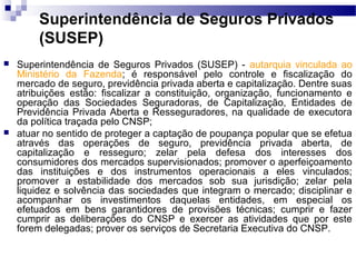 Superintendência de Seguros Privados
(SUSEP)
 Superintendência de Seguros Privados (SUSEP) - autarquia vinculada ao
Ministério da Fazenda; é responsável pelo controle e fiscalização do
mercado de seguro, previdência privada aberta e capitalização. Dentre suas
atribuições estão: fiscalizar a constituição, organização, funcionamento e
operação das Sociedades Seguradoras, de Capitalização, Entidades de
Previdência Privada Aberta e Resseguradores, na qualidade de executora
da política traçada pelo CNSP;
 atuar no sentido de proteger a captação de poupança popular que se efetua
através das operações de seguro, previdência privada aberta, de
capitalização e resseguro; zelar pela defesa dos interesses dos
consumidores dos mercados supervisionados; promover o aperfeiçoamento
das instituições e dos instrumentos operacionais a eles vinculados;
promover a estabilidade dos mercados sob sua jurisdição; zelar pela
liquidez e solvência das sociedades que integram o mercado; disciplinar e
acompanhar os investimentos daquelas entidades, em especial os
efetuados em bens garantidores de provisões técnicas; cumprir e fazer
cumprir as deliberações do CNSP e exercer as atividades que por este
forem delegadas; prover os serviços de Secretaria Executiva do CNSP.
 