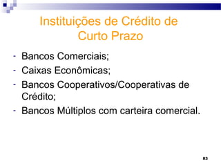 83
Instituições de Crédito de
Curto Prazo
- Bancos Comerciais;
- Caixas Econômicas;
- Bancos Cooperativos/Cooperativas de
Crédito;
- Bancos Múltiplos com carteira comercial.
 