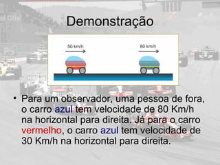 Demonstração
• Para um observador, uma pessoa de fora,
o carro azul tem velocidade de 80 Km/h
na horizontal para direita. Já para o carro
vermelho, o carro azul tem velocidade de
30 Km/h na horizontal para direita.
 
