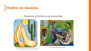 História do desenho
Desenhos artísticos ou de expressões
Fonte: Adaptado de Arteref, 2019.
Fonte: Adaptado de BBC News Brasil, 2019.
 