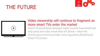 THE FUTURE 
Video viewership will continue to fragment as more smart TVs enter the marketSmart TV penetration amongst higher income households will only grow and video viewership will follow—when the Chinese government provides more regulatory flexibility for Smart TV content.  