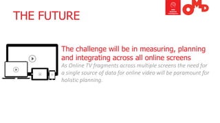 THE FUTURE 
The challenge will be in measuring, planning and integrating across all online screensAs Online TV fragments across multiple screens the need for a single source of data for online video will be paramount for holistic planning.  