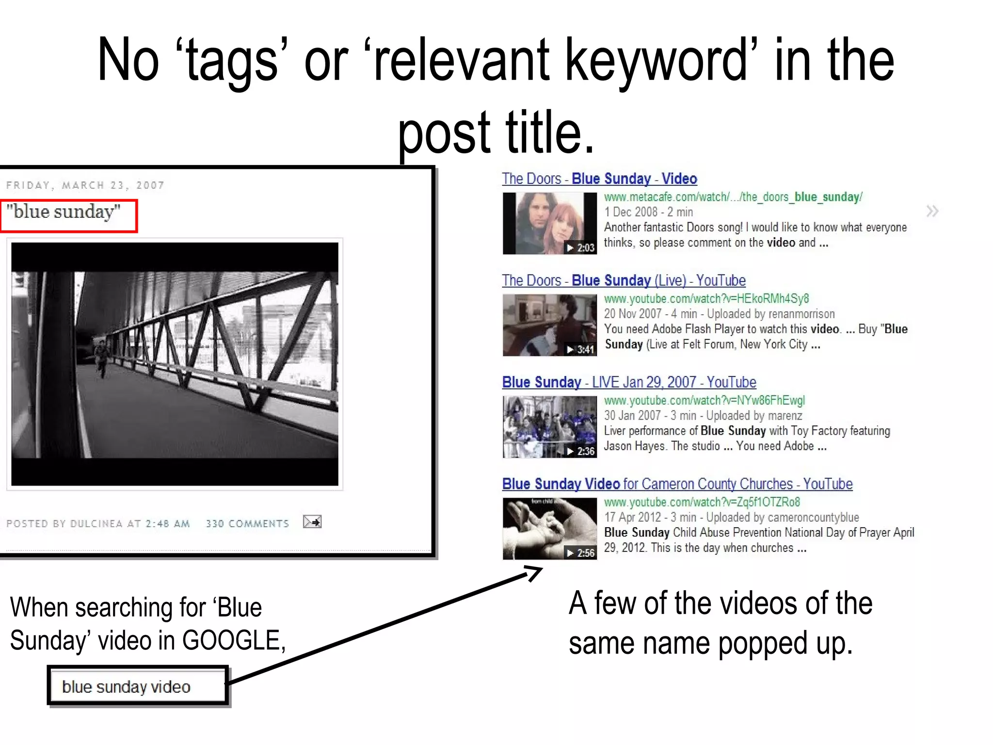 No ‘tags’ or ‘relevant keyword’ in the
                      post title.




When searching for ‘Blue     A few of the videos of the
Sunday’ video in GOOGLE,     same name popped up.
 