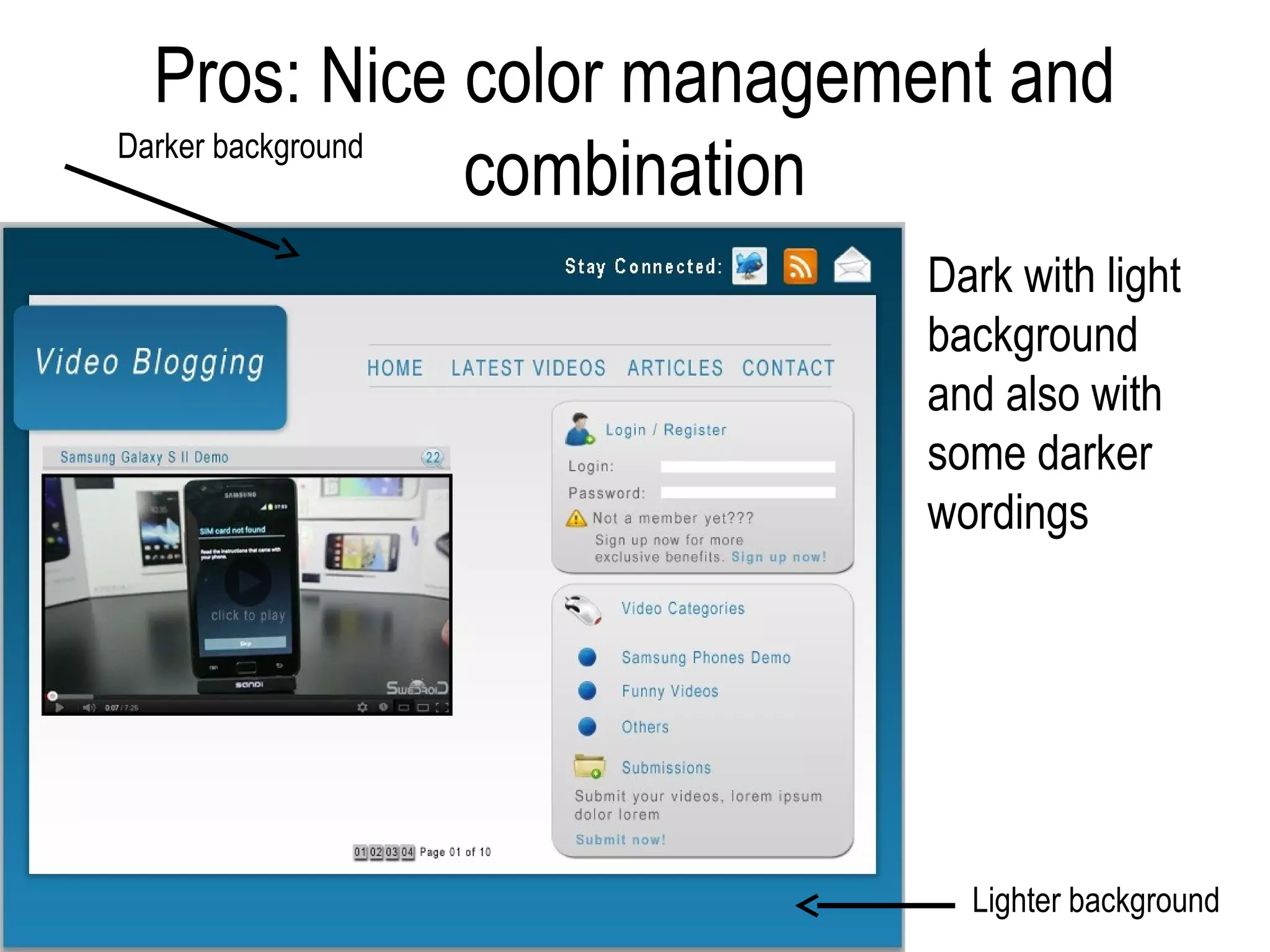 Pros: Nice color management and
Darker background
                  combination
                          Dark with light
                          background
                          and also with
                          some darker
                          wordings




                            Lighter background
 