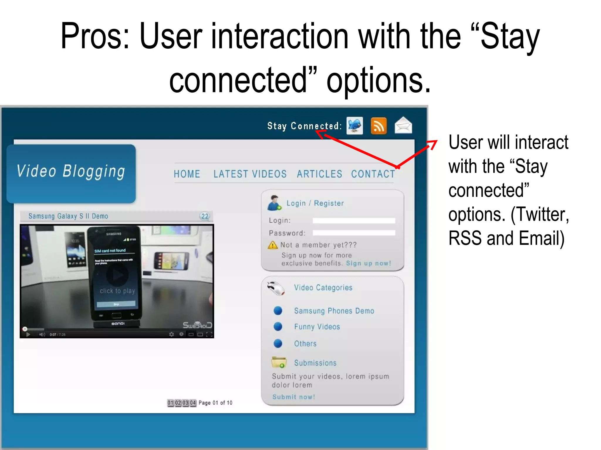 Pros: User interaction with the “Stay
        connected” options.
                             User will interact
                             with the “Stay
                             connected”
                             options. (Twitter,
                             RSS and Email)
 