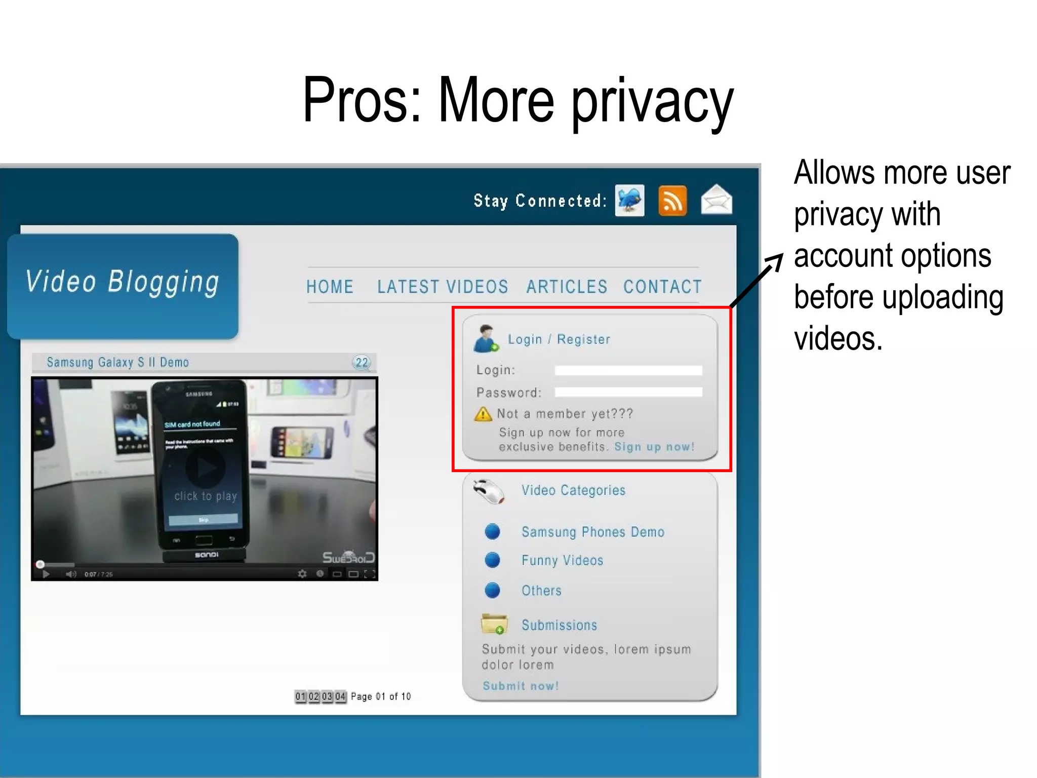 Pros: More privacy
                     Allows more user
                     privacy with
                     account options
                     before uploading
                     videos.
 