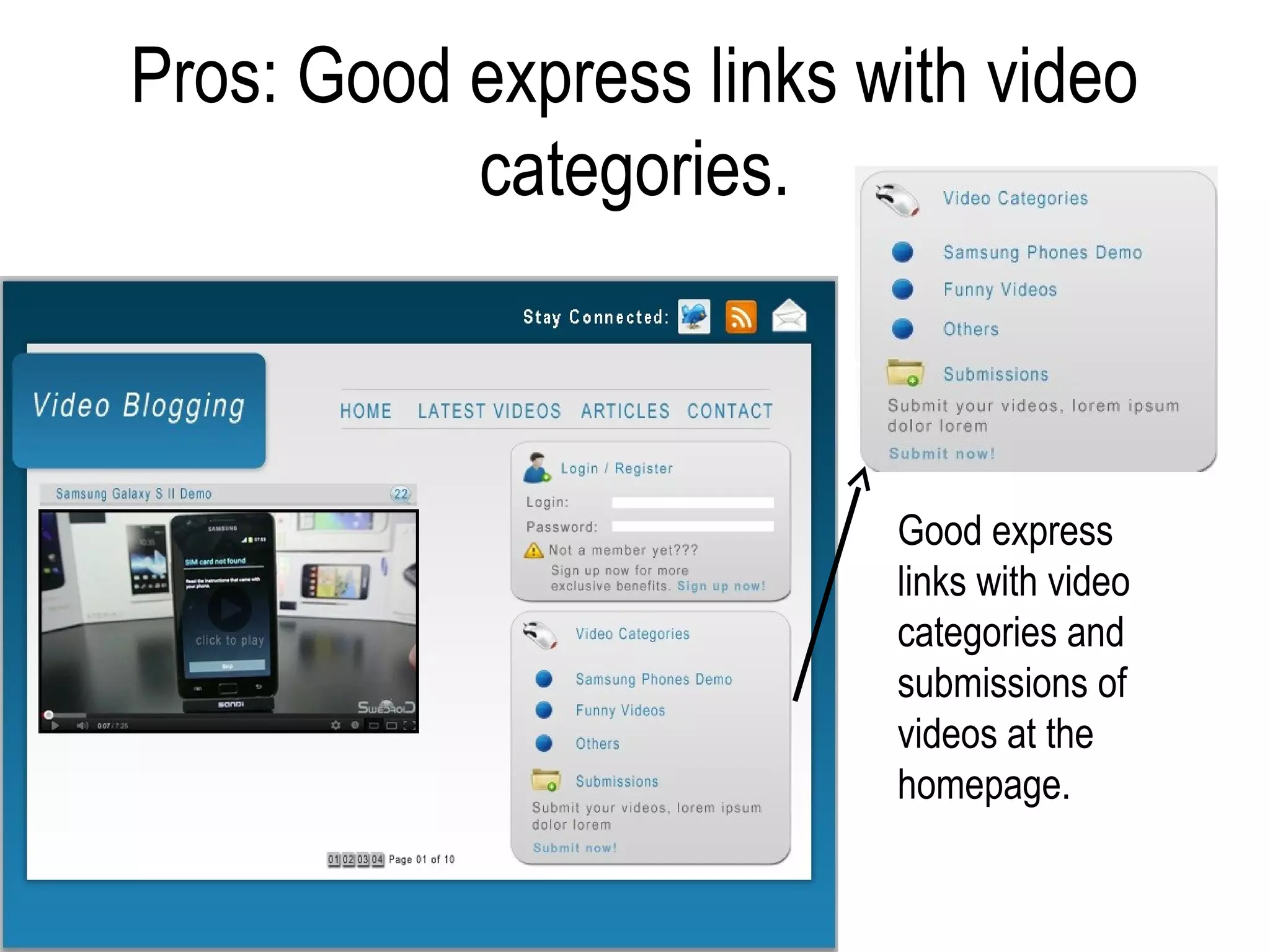 Pros: Good express links with video
           categories.



                          Good express
                          links with video
                          categories and
                          submissions of
                          videos at the
                          homepage.
 