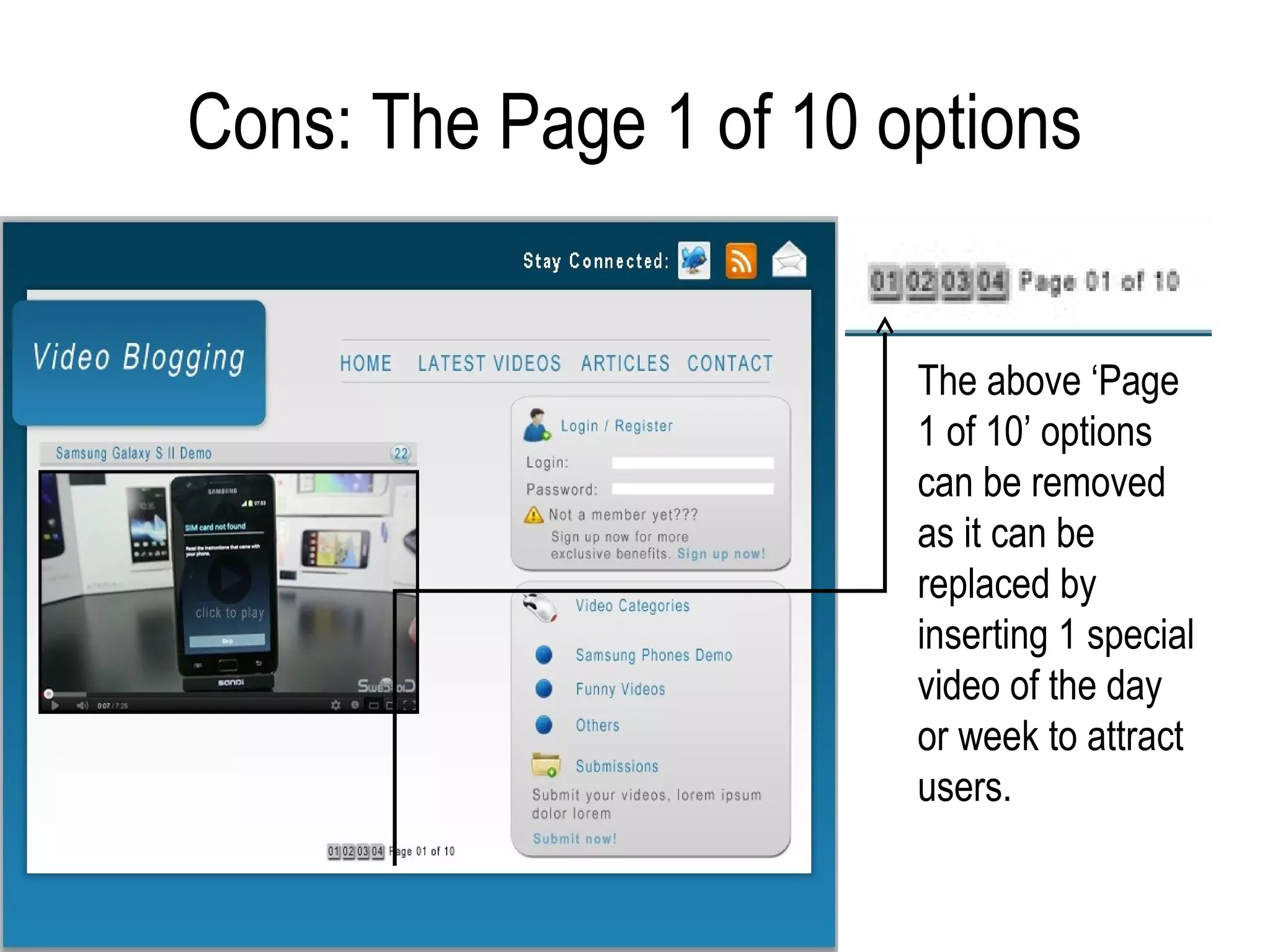 Cons: The Page 1 of 10 options


                        The above ‘Page
                        1 of 10’ options
                        can be removed
                        as it can be
                        replaced by
                        inserting 1 special
                        video of the day
                        or week to attract
                        users.
 
