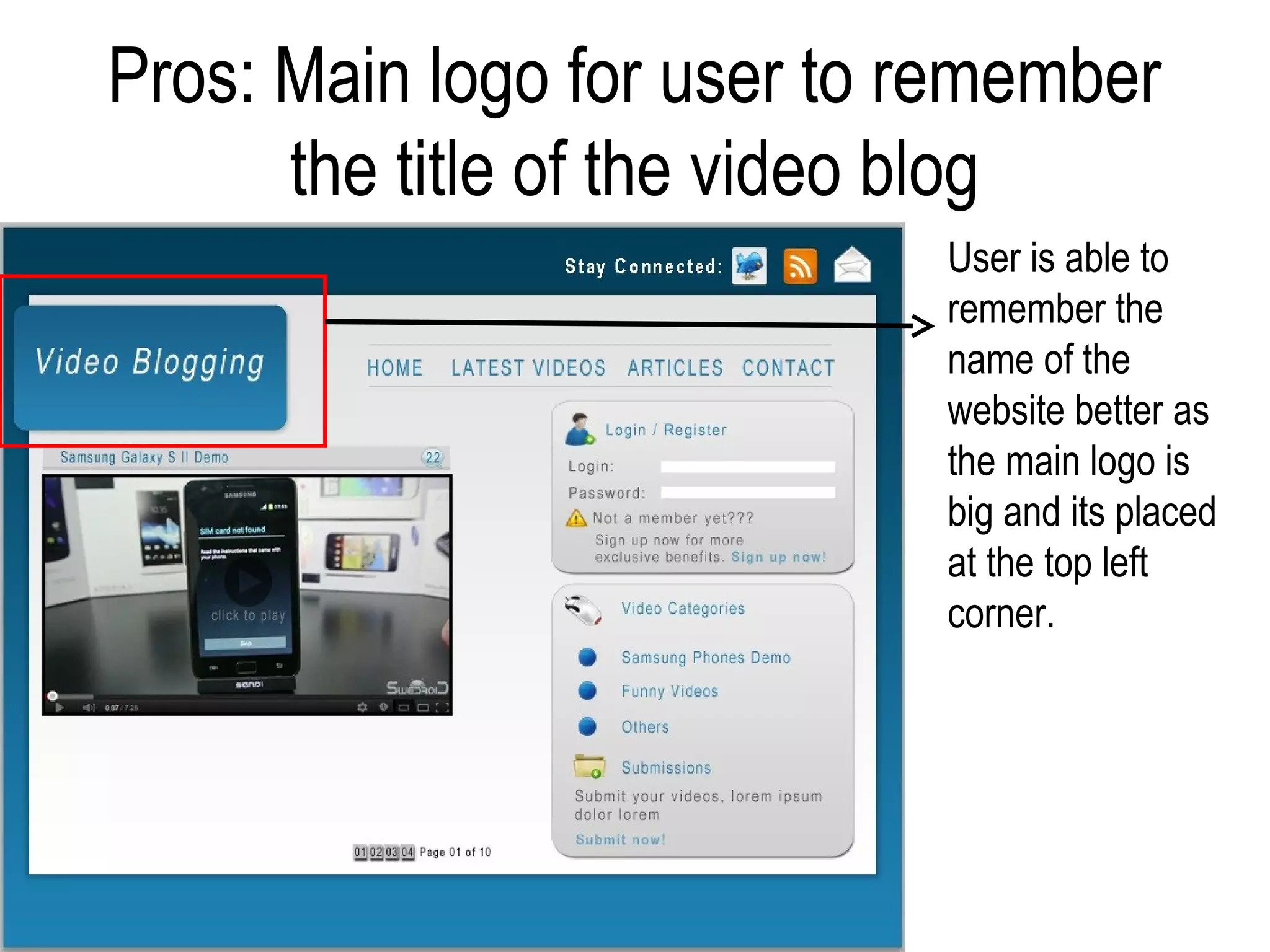 Pros: Main logo for user to remember
      the title of the video blog
                            User is able to
                            remember the
                            name of the
                            website better as
                            the main logo is
                            big and its placed
                            at the top left
                            corner.
 