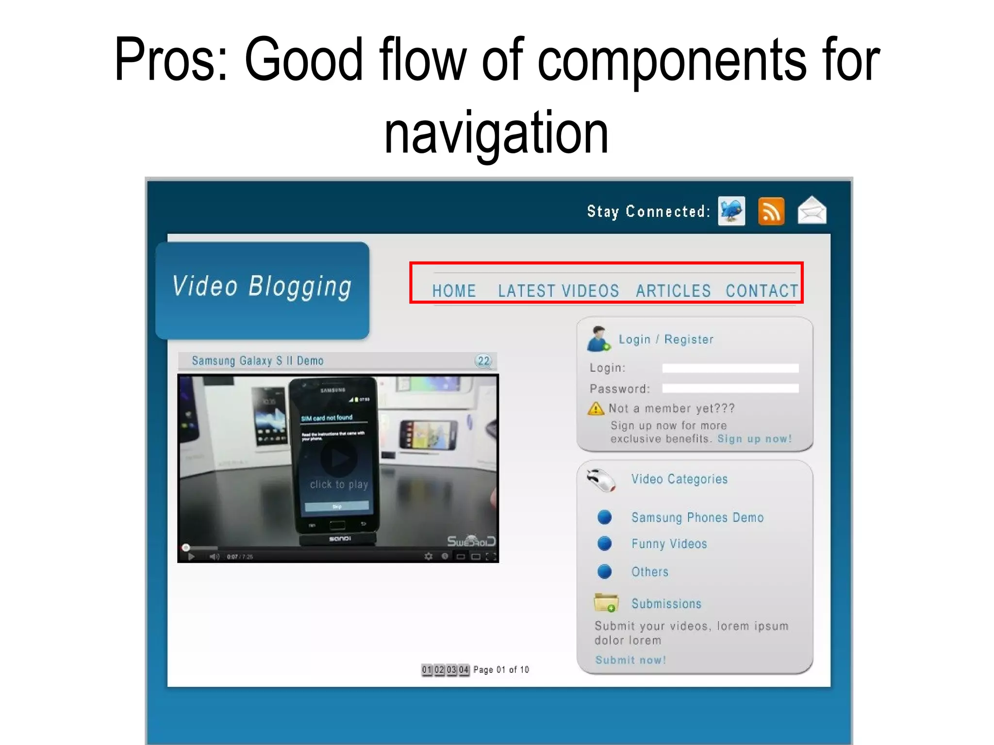 Pros: Good flow of components for
           navigation
 