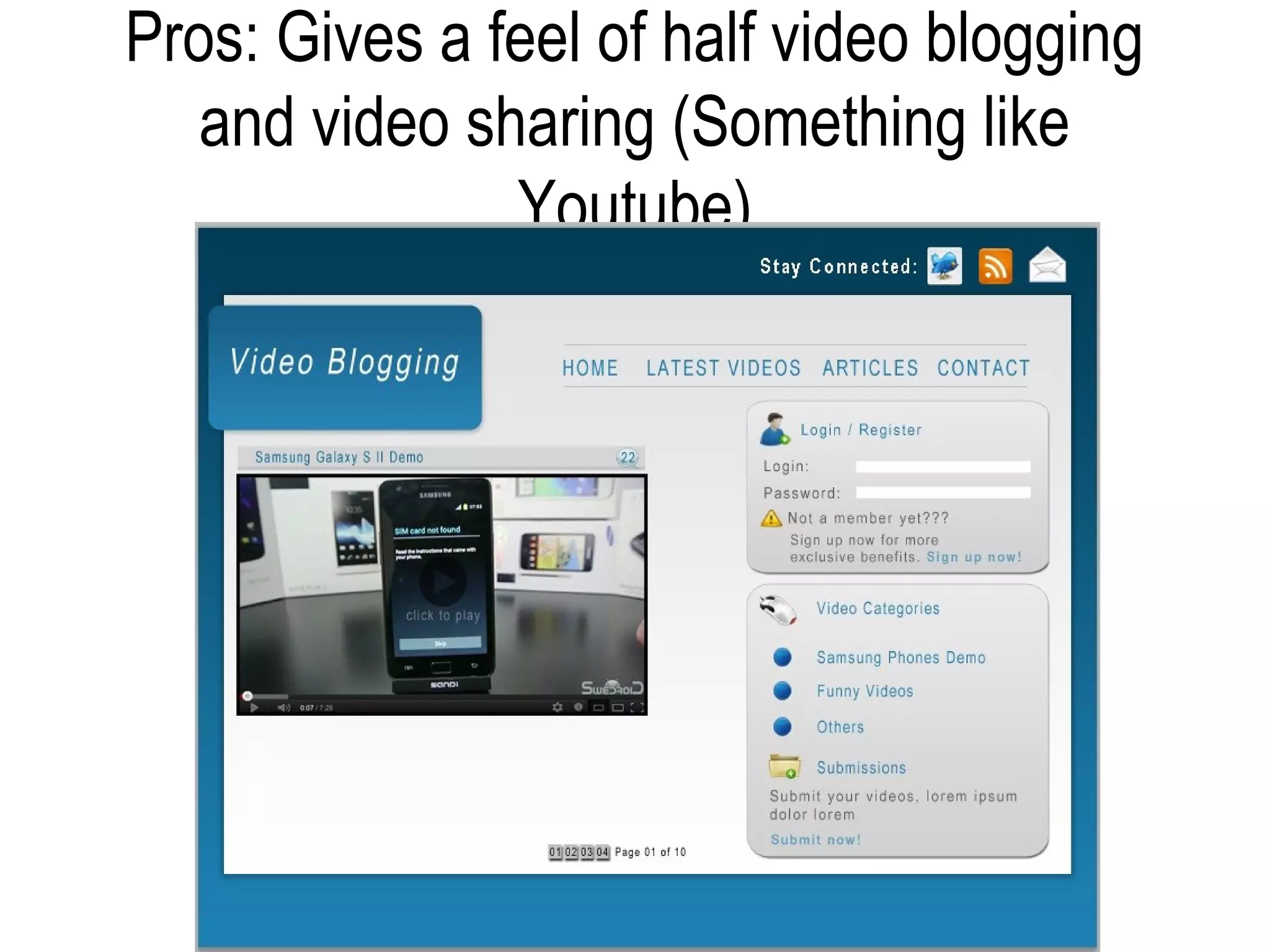 Pros: Gives a feel of half video blogging
   and video sharing (Something like
               Youtube)
 