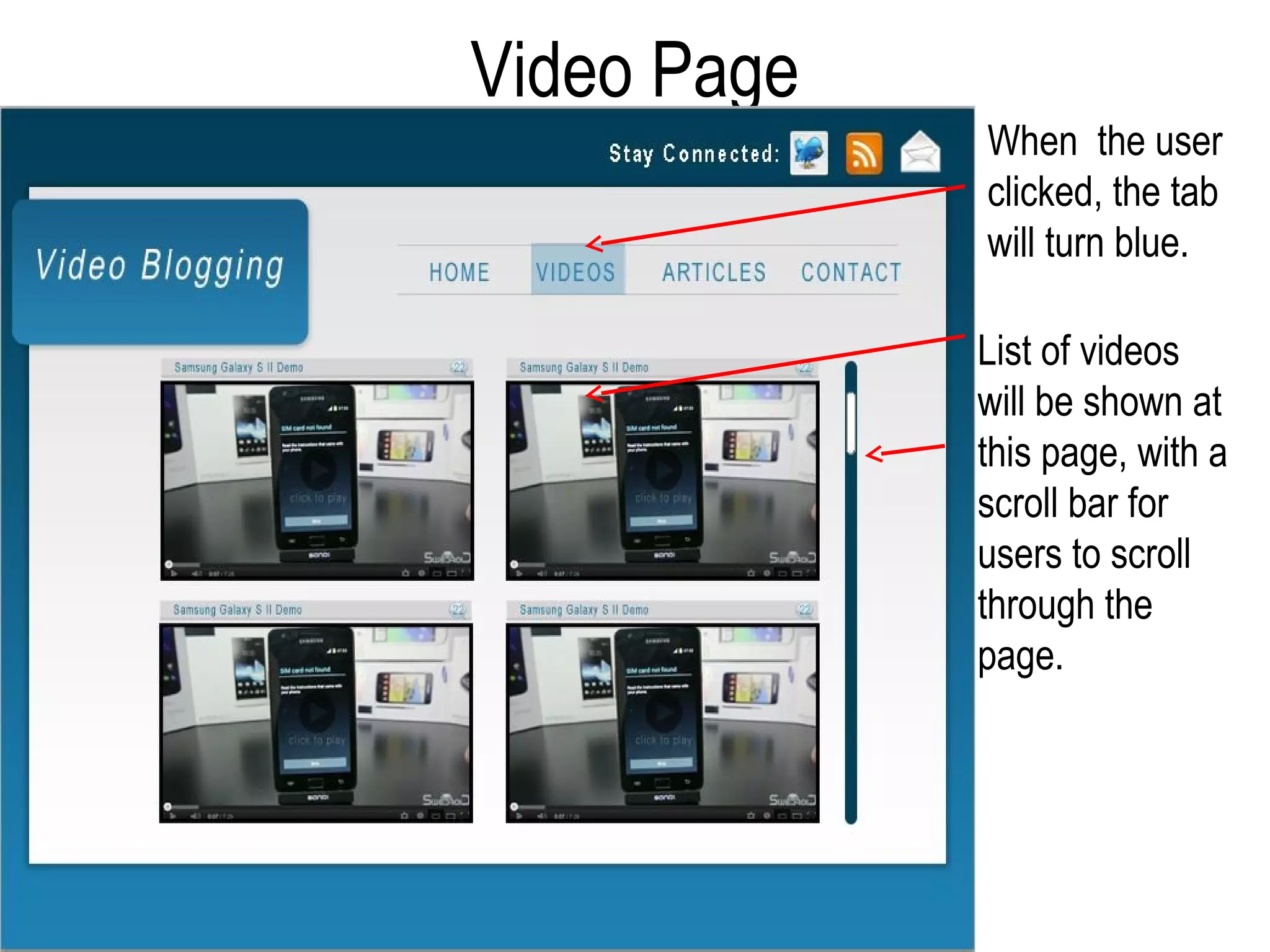 Video Page
             When the user
             clicked, the tab
             will turn blue.

             List of videos
             will be shown at
             this page, with a
             scroll bar for
             users to scroll
             through the
             page.
 
