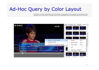 Ad-Hoc Query by Color Layout
27
[ Schoeffmann, K., Taschwer, M., & Boeszoermenyi, L. (2010, February). The video explorer:...