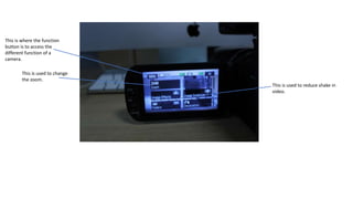 This is used to change
the zoom.
This is used to reduce shake in
video.
This is where the function
button is to access the
different function of a
camera.
 