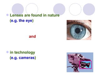 Lenses are found in nature
(e.g. the eye)
and
in technology
(e.g. cameras)
 