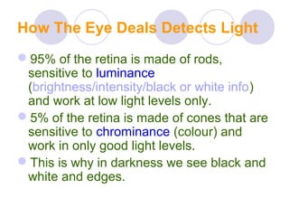 How The Eye Deals Detects Light
95% of the retina is made of rods,
sensitive to luminance
(brightness/intensity/black or white info)
and work at low light levels only.
5% of the retina is made of cones that are
sensitive to chrominance (colour) and
work in only good light levels.
This is why in darkness we see black and
white and edges.
 